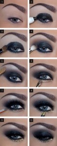Para um look mais exótico, podes optar por um olhar esfumado em negro e prateado, terminando com brilho dourado debaixo do olho